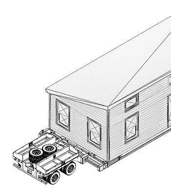 Line drawing of a trailer truck transporting a small house. The back part of the house is visible, attached to the truck with two visible wheels, rectangular windows, and a pitched roof.