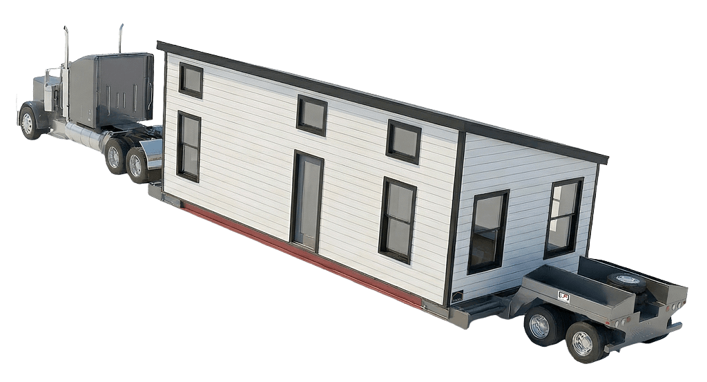 A modern white tiny house with black trim is being transported on a flatbed trailer pulled by a semi truck, with a small utility trailer attached to the rear.